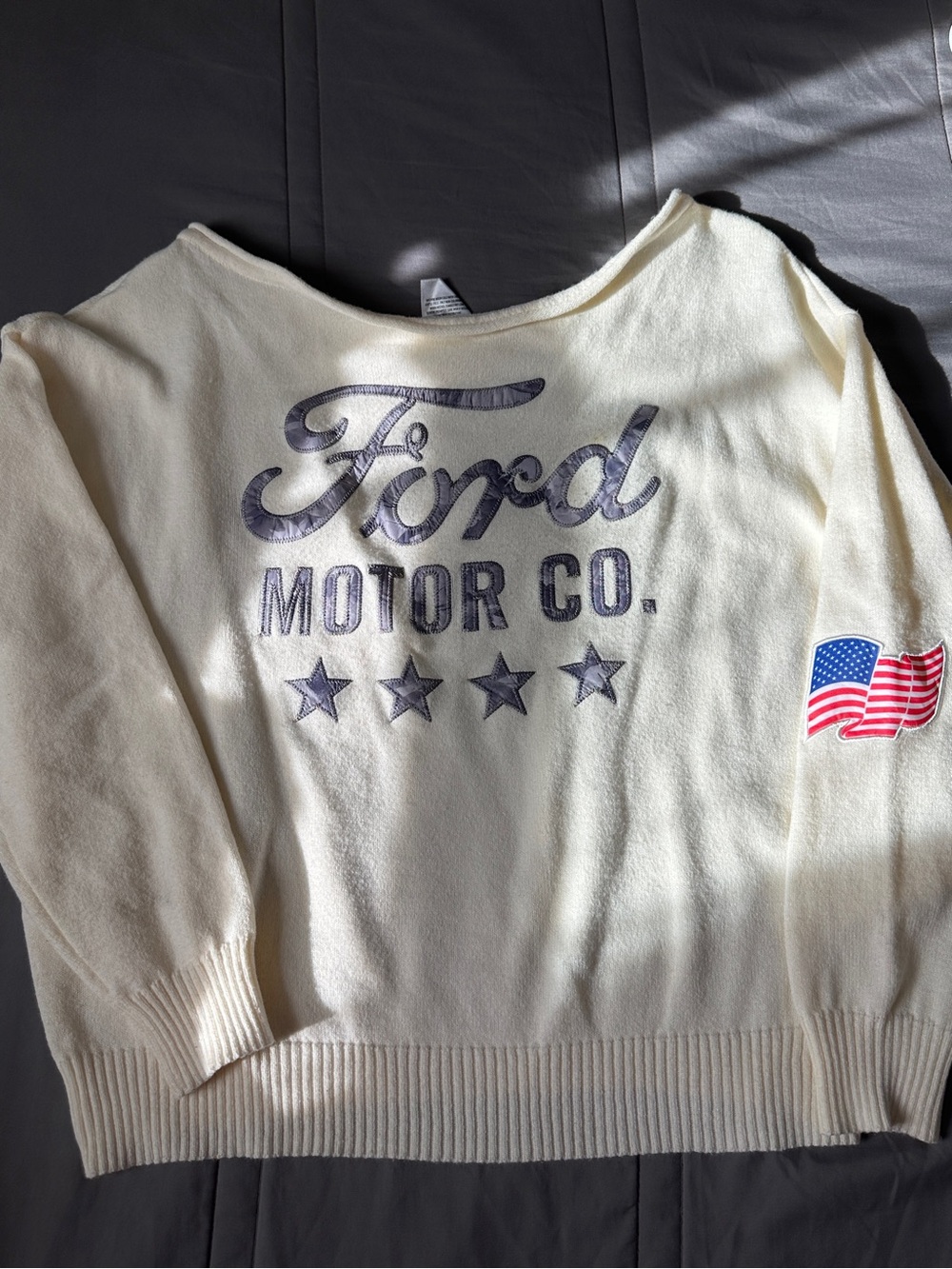 Ford Cream Off-Shoulder Logo Sweater with Flag Patch